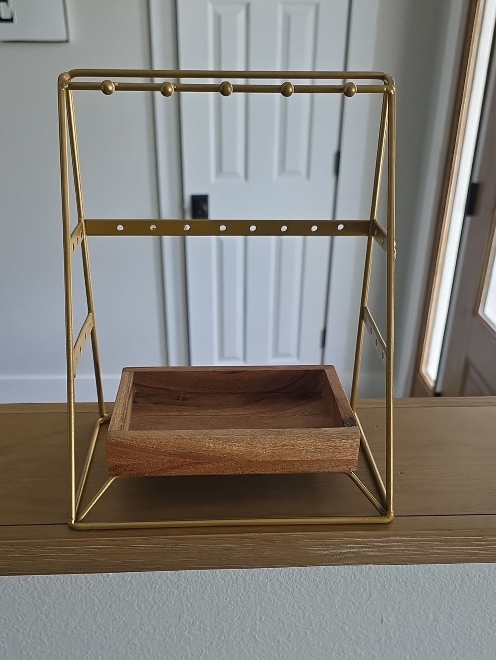 Gold Metal Jewelry Stand with Wooden Catchall - Home Dining
